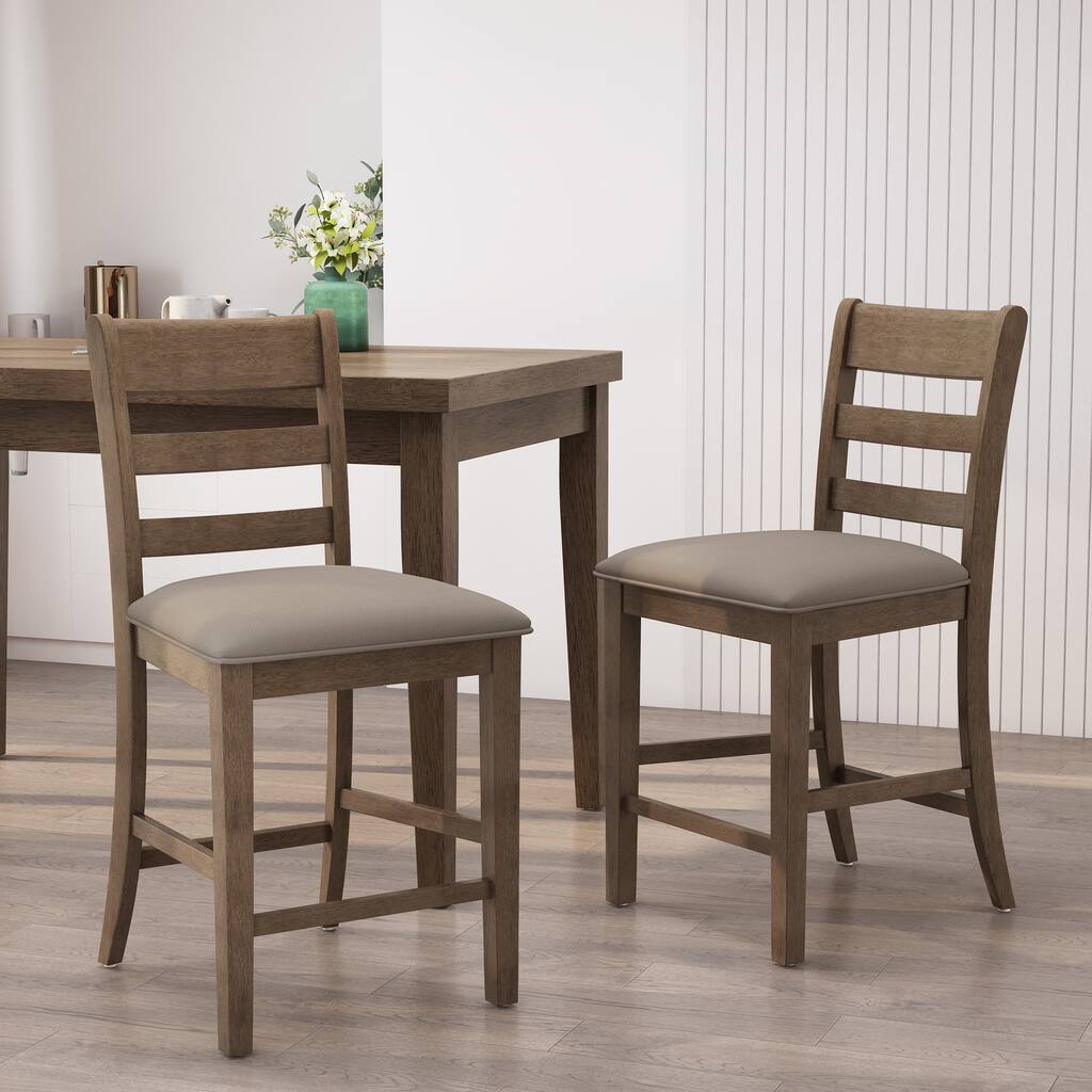 Modern Set of 2 Bar Stools with Leather Upholstered Seats, Curved Ladder Backrests, Wooden Legs, for Bar and Dining Room