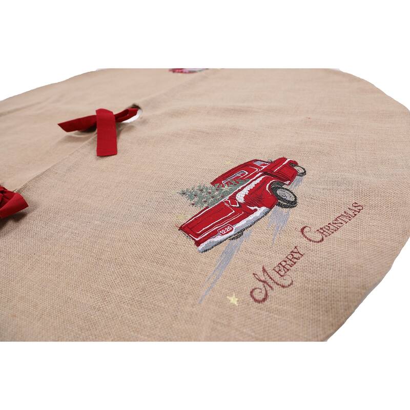 Christmas Red Pick-up Truck Embroidered Treeskirt - Jute