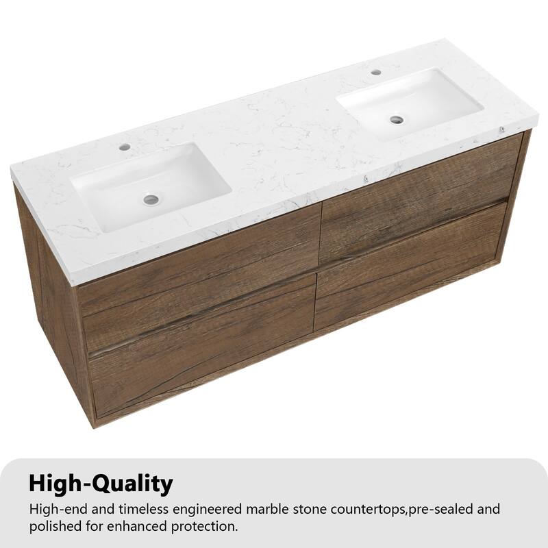 NebulaSky 60/ 72/ 84 in Wall Mounted Double Sink Bathroom Vanity with Engineered Stone Top Combo Cabinet Vanity Set