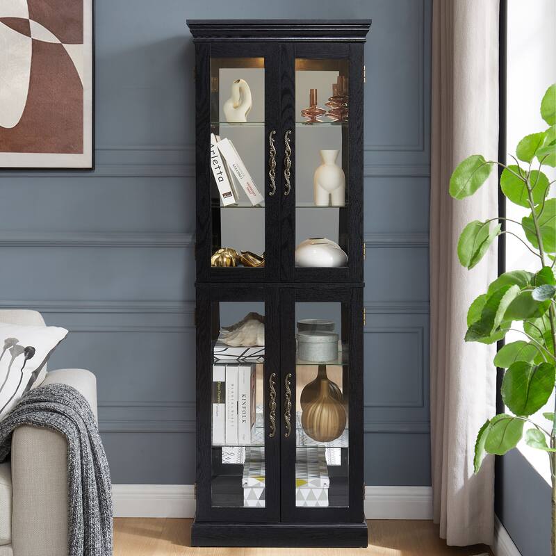 Lighted Glass Curio Display Cabinet with Wood Frame - Elegant Glass Storage for Wine, Toys & Collectibles -Bulb Included