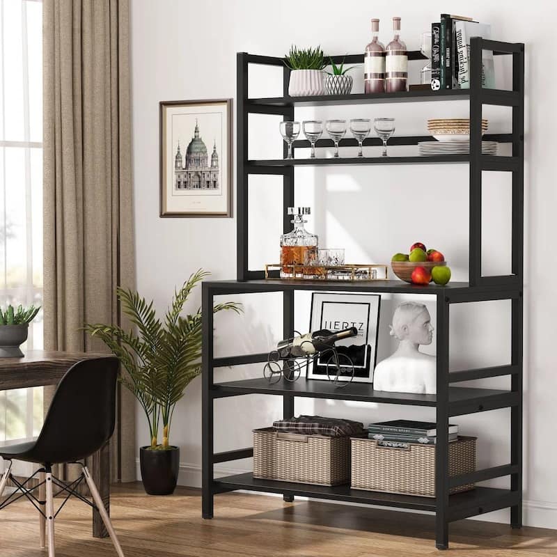5-Tier Black Metal Kitchen Storage Rack with Microwave Shelf and Wood Panel Shelves - 66.5'' H x 31.5'' W x 15.7'' D
