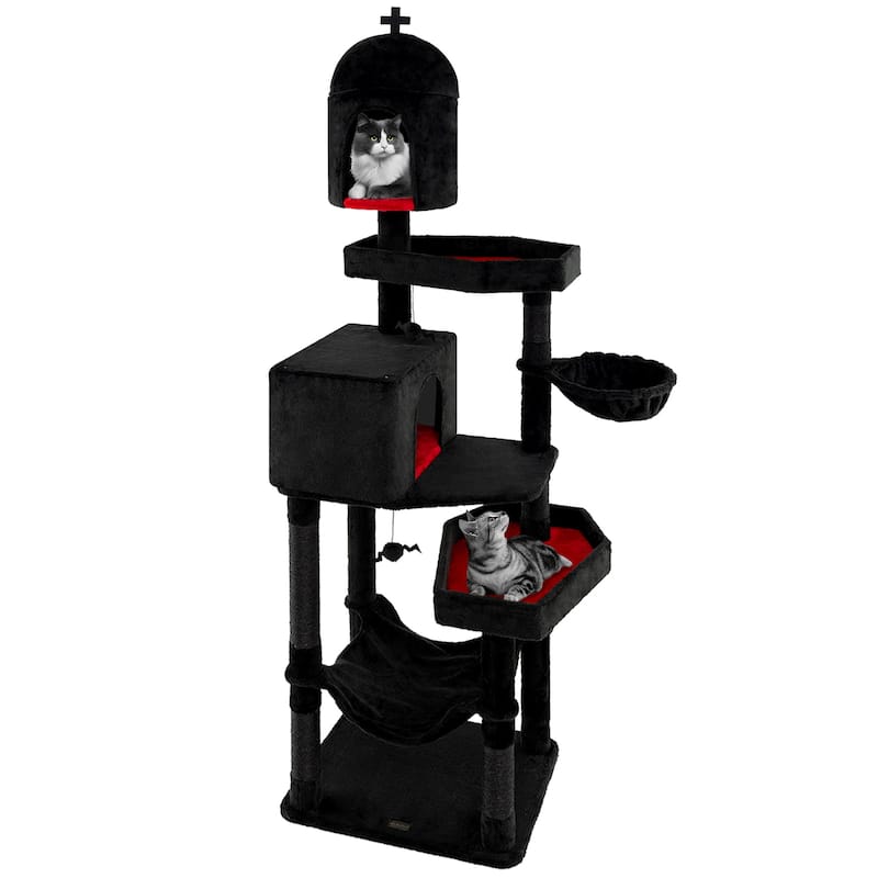 Black Gothic Cat Tree with 2 Cat Condos and Coffin Bed for Indoor Use - 24" x 19.5" x 80"