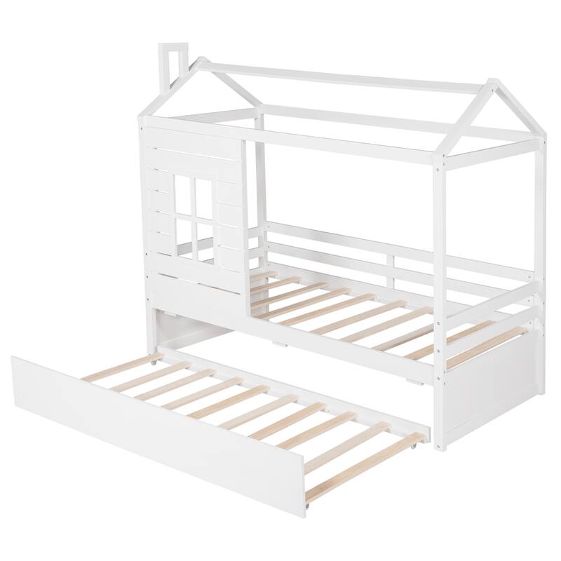 Twin Size House Bed with Trundle and Guardrails for Kids, Space-Saving Design