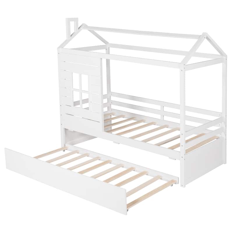 Twin Size Wood House Bed with Trundle, White - Space-Saving Kids Bedroom Furniture