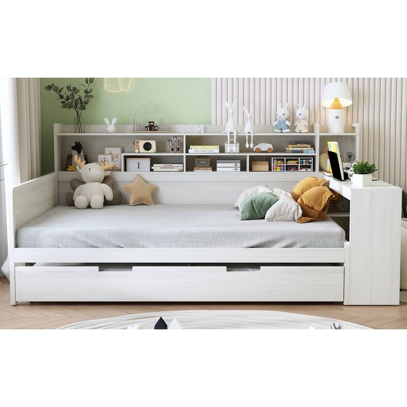 Multi-Functional Full Size Daybed with Study Desk & Storage Shelves, Includes Twin Trundle Bed, Natural Wood