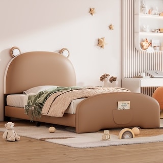 Upholstered Platform Bed, Bear-shaped Headboard, Footboard with Pocket, Wood Panel Bed for Kids Girls Boys