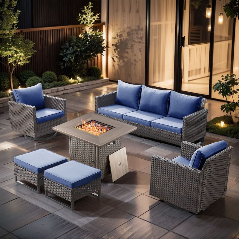 6 Pieces Fire Pit Table with Sofa Swivel Chair Ottoman Set - Brown Wicker - Blue cushion