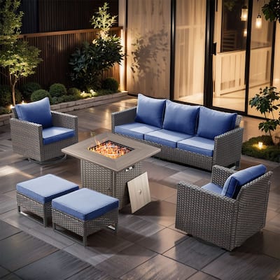 6 Pieces Fire Pit Table with Sofa Swivel Chair Ottoman Set