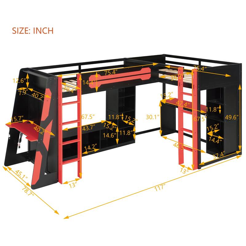 Roomfitters L-Shaped Twin Gaming Bunk Bed with RGB LED Lights, USB Ports and TV Stand