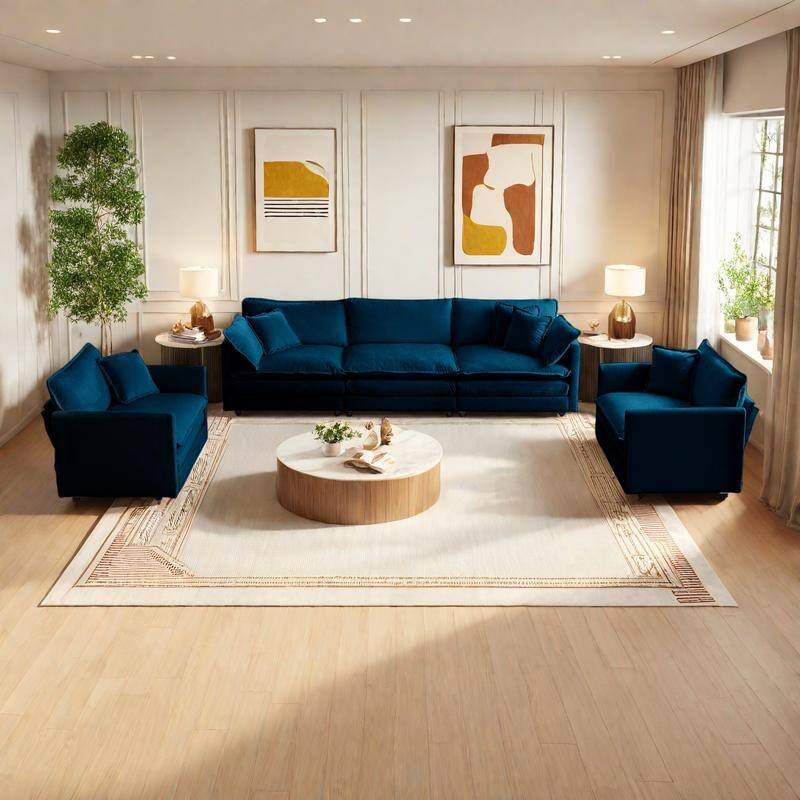 5-Seat Chenille Living Room Sofa Set (3-Seater + 2 Accent Chairs) with Round Arms & Solid Wood Frame - Blue
