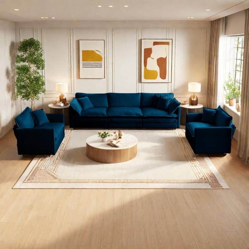 5-Seat Chenille Living Room Sofa Set (3-Seater + 2 Accent Chairs) with Round Arms & Solid Wood Frame