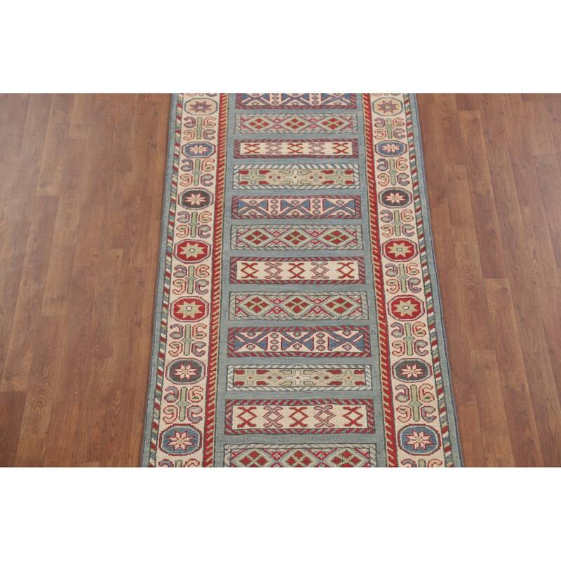Light Blue Traditional Kazak Runner Rug Hand-Knotted Wool Carpet - 3'1" x 16'5"