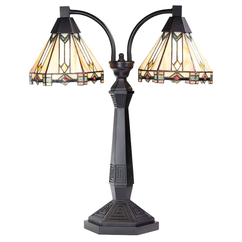 Jane River of Goods Black Metal and Stained Glass Cone Shade 21-Inch Table Lamp - 21" x 7" x 21" - 21" x 7" x 21" - Amber/Ivory/Orange/Green/Black