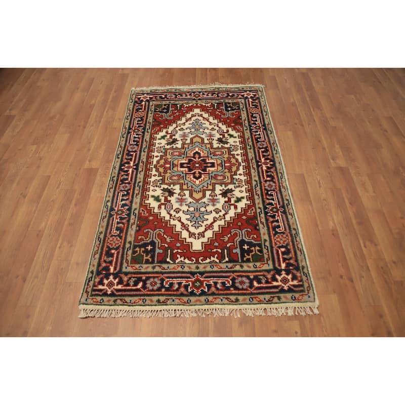 Hand Knotted Oriental 100% Wool Carpet Traditional Medallion Beige & Ivories Heriz (serapi) Area Rug - 5' 0'' X 3' 0''