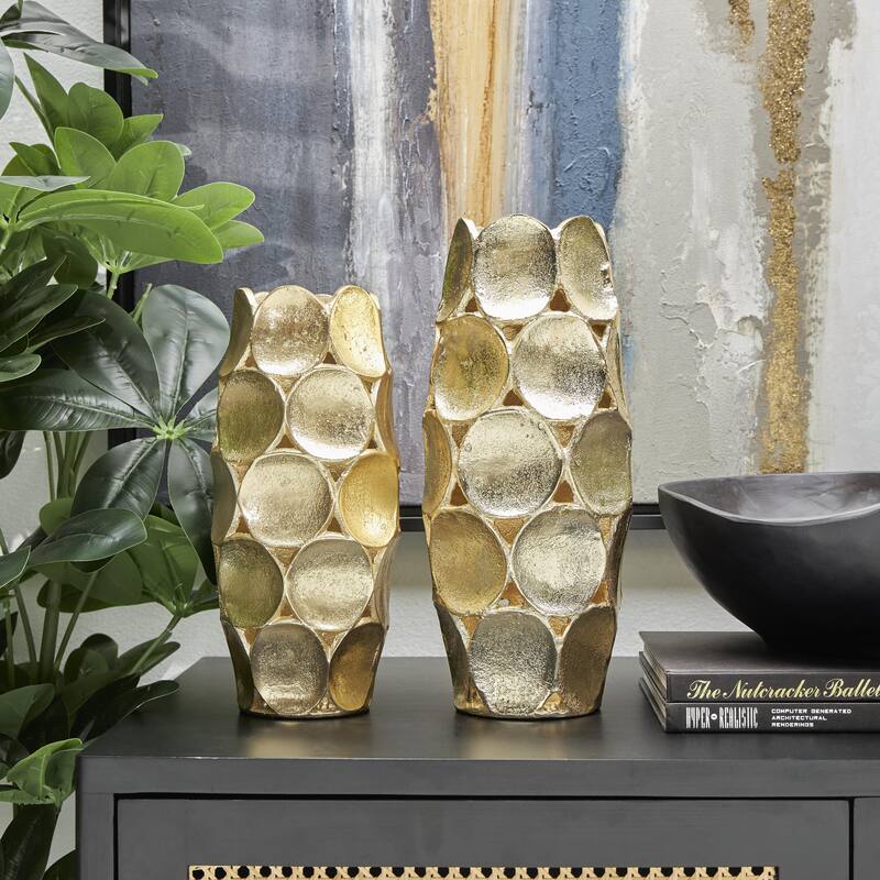 Aluminum Metal Geometric Open Framed Decorative Vase with Circular Plates - Set of 2 Gold or Silver - Roche River Decor