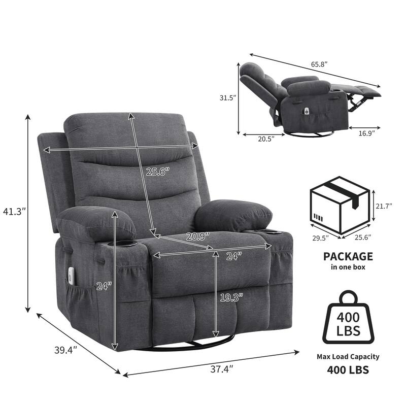 Swivel Rocker Recliner Chair with Massage and Heat, Oversized Reclining Sofa