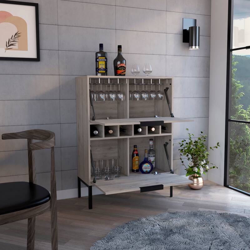 TUHOME Lyrata 43-inch Tall Bar Cabinet with 6 Wine Cubbies, Rack, and Double Door