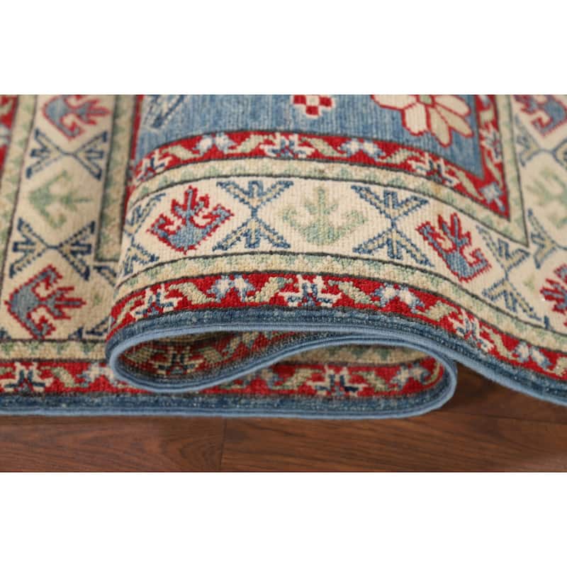 Light Blue Kazak Foyer Rug Hand-Knotted Geometric Wool Carpet - 2'9" x 4'1"