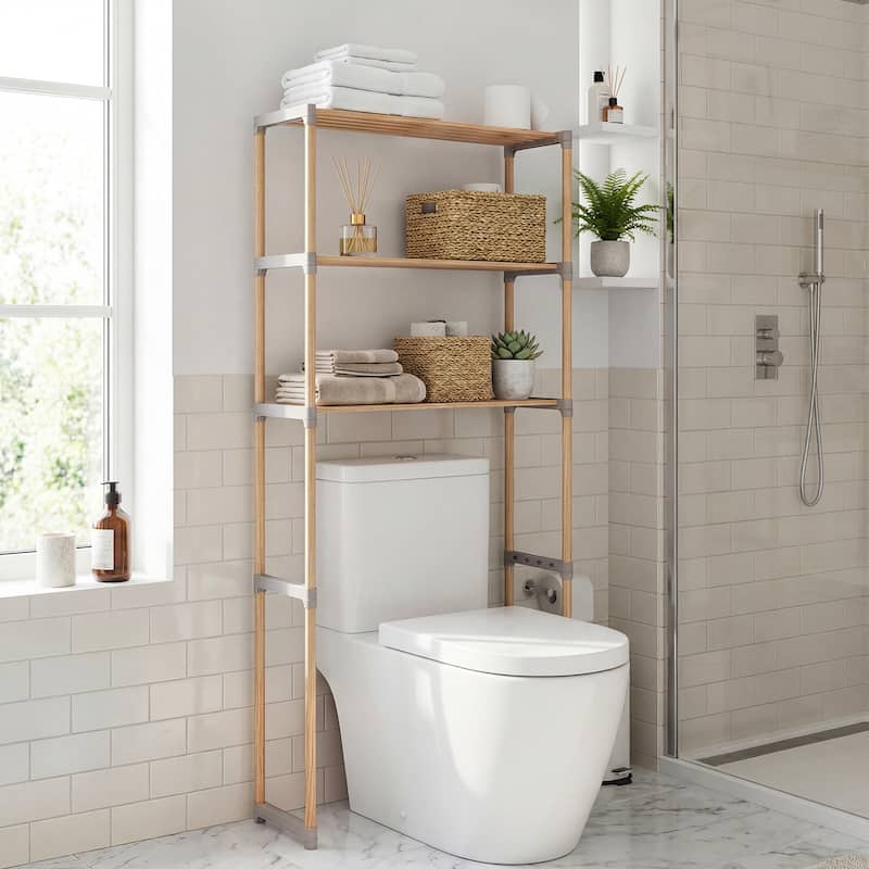 Gymax Over The Toilet Storage Rack 3-Tier Pine Wood Bathroom Organizer