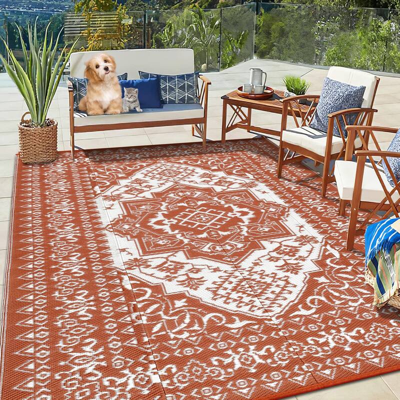 Outdoor Patio Rug Waterproof Reversible Carpet Vintage Boho Medallion Rug Plastic Straw Rug