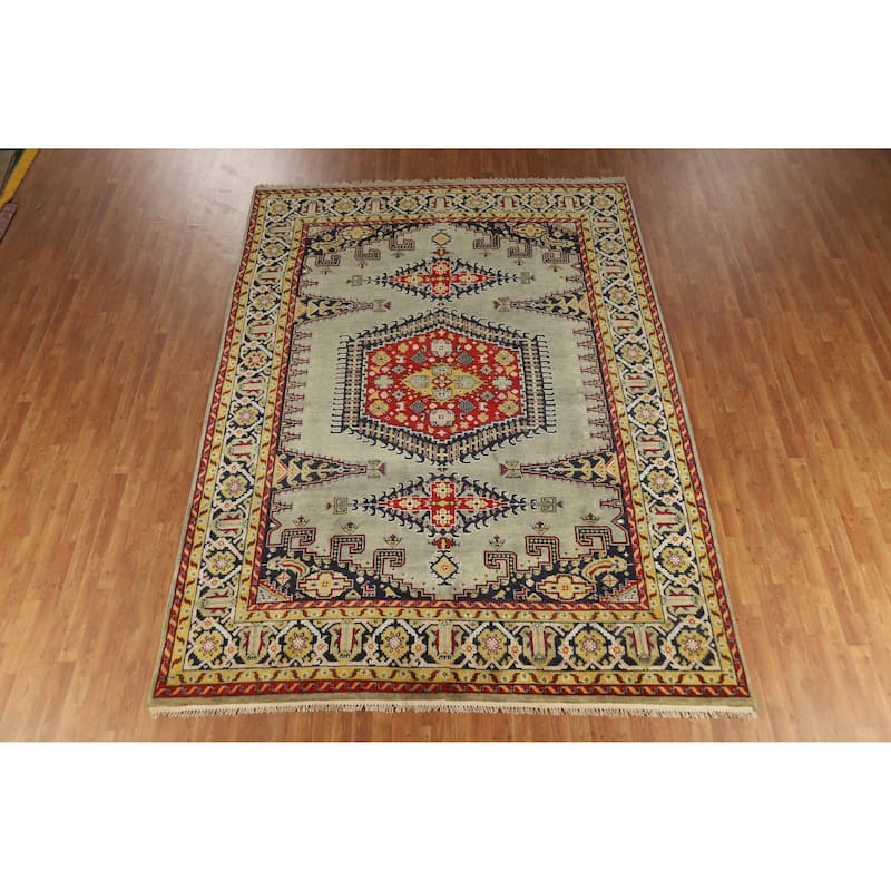 Green Geometric Viss Indian Area Rug Hand-Knotted Wool Carpet - 8'7" x 11'9"