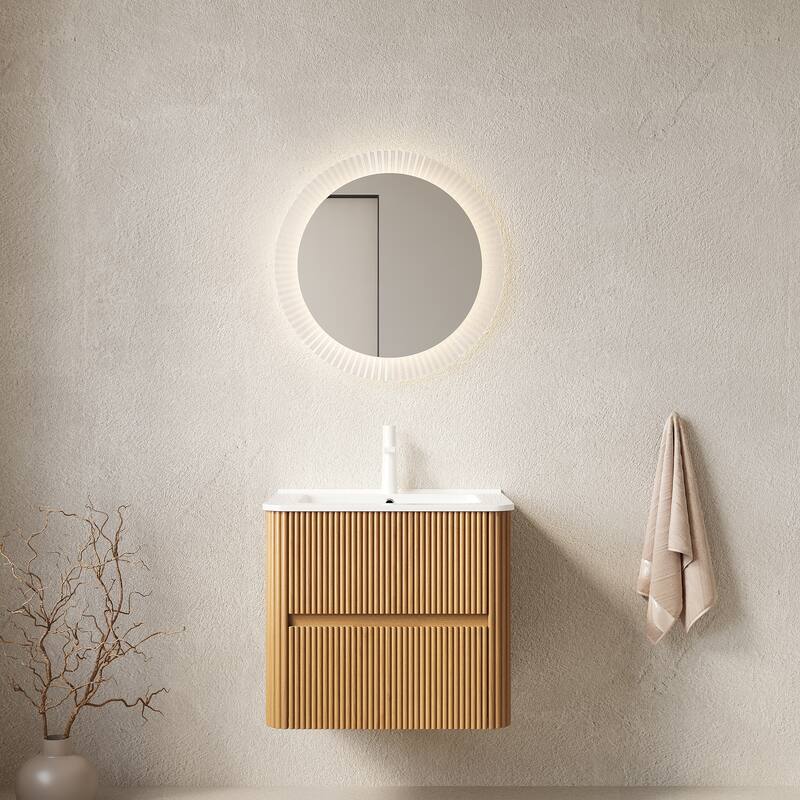 24" Floating Bathroom Vanity with Sink - Cabinet with 2 Drawers & Ceramic Basin, Wall-Mounted (Faucet Not Included) - Natural Wood