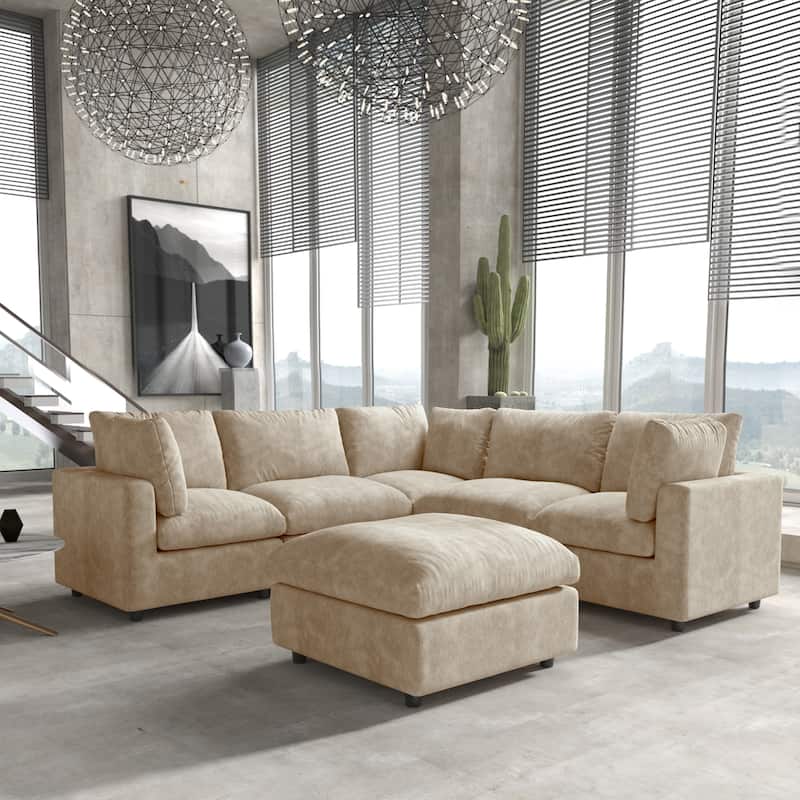 Living Room Corner Sofa Minimalist Upholstered Cushion Sofa Chenille Modular Sectional Couch with Ottoman - Khaki