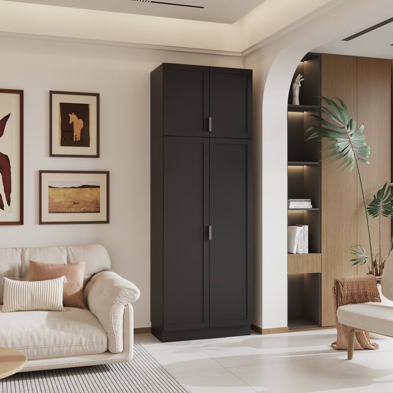 Bookshelves Tall Black Storage Cabinet with Doors, 90.6" Freestanding Pantry Cabinet, Modern Vertical Organizer