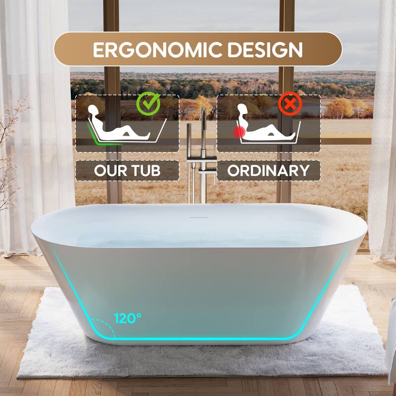 Glossy White Freestanding Soaking Bathtub, 100% Pure Virgin Acrylic with Drain And Overflow