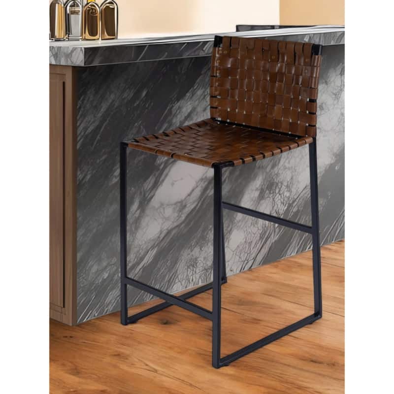 Brown Leather Tall Bar Stool with Full Back, Black Iron Frame and Footrest