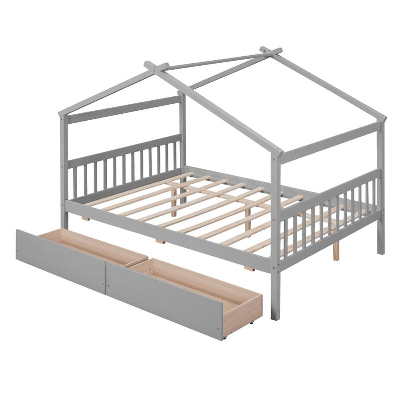 Full Size Wooden House Bed with Storage Drawers - Imaginative Kids Bed Frame