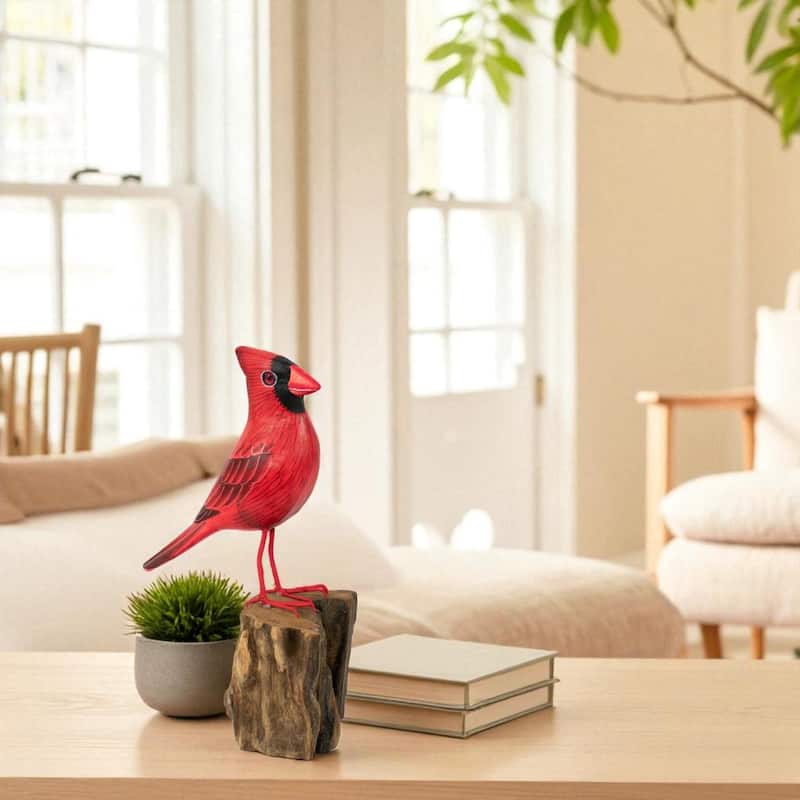 Wood Cardinal Bird Figurine - Hand Carved Red Songbird Sculpture, Rustic Wildlife Decor - 7.5" tall x 3.5" wide x 3" deep