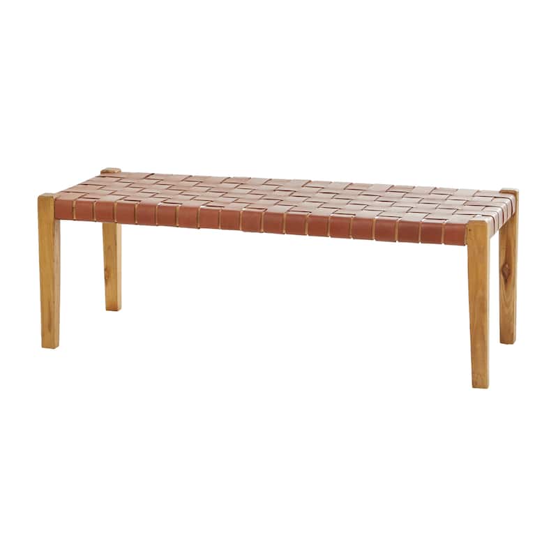 Black or Brown Leather Handmade Woven Seat Bench - 47 x 18 x 17