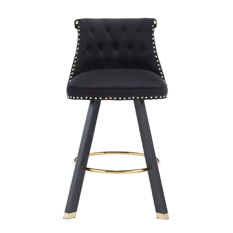 Versatile Velvet Tufted Bar Chairs Set of 2 Swivel Bar Stools with Back Pull Ring, Rivet Decoration and Wooden Square Foot