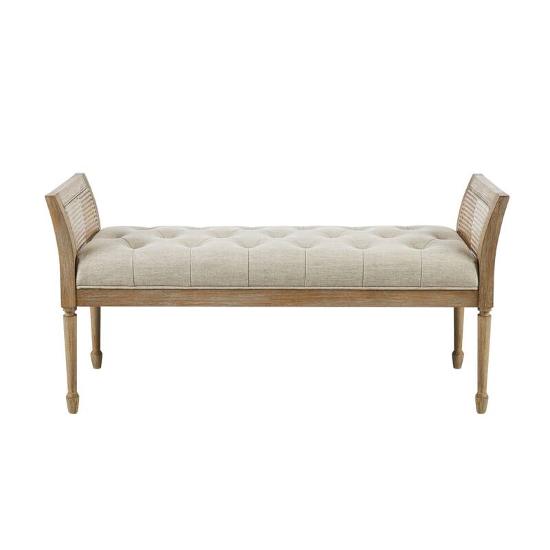 Roomfitters 48.5-Inch Transitional Upholstered Accent Bench, Cane Side Arms and Turned Legs in Reclaimed Natural