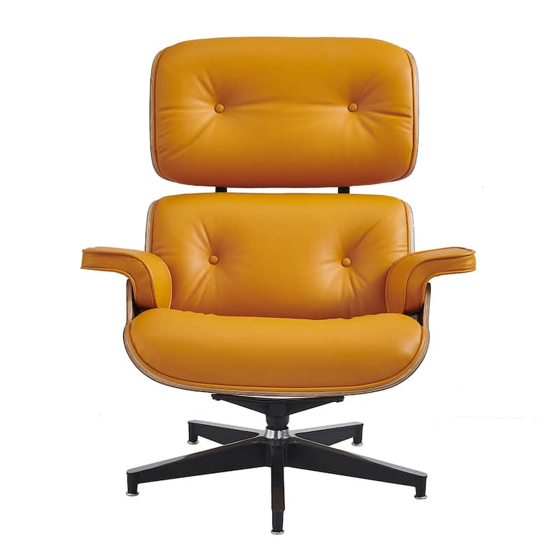 Mid-century Modern Lounger Real Leather Arm Chair and Ottoman Set - Standard - Walnut&Orange