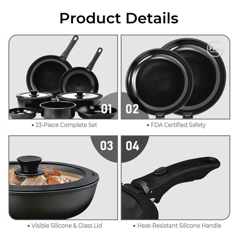 23 Pcs Nonstick Pots And Pans Set Cast Aluminum Cookware Set With Detachable Handles