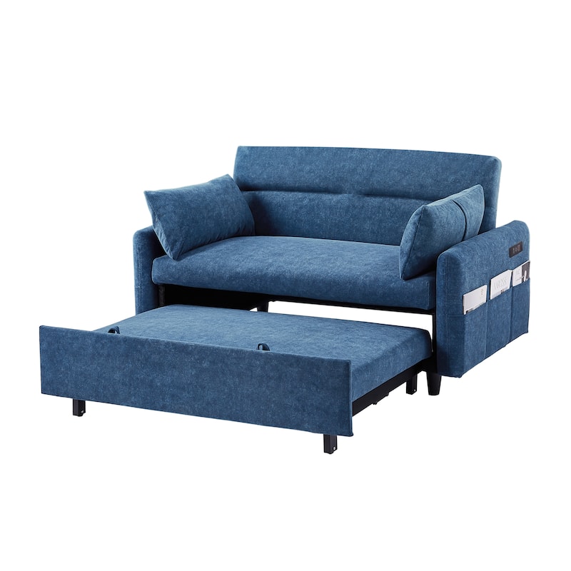 3-in-1 Pull Out Sofa Bed, Couch Bed with Adjsutable Back and Storage Pockets, 2 Seater Sofa with 2 Soft Pillows and USB Ports