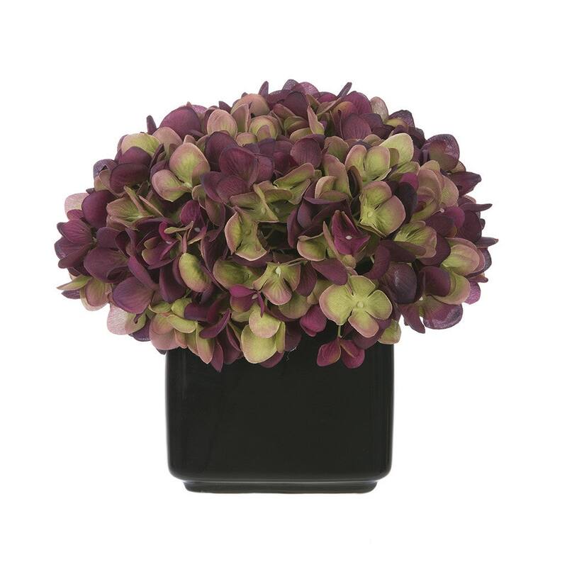Faux Hydrangea in Small Black Cube Ceramic Vase