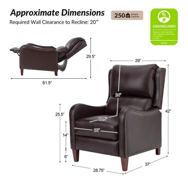 dimension image slide 12 of 19, HULALA HOME Brigida Cigar Genuine Leather Manual Recliner with Nailhead Trim