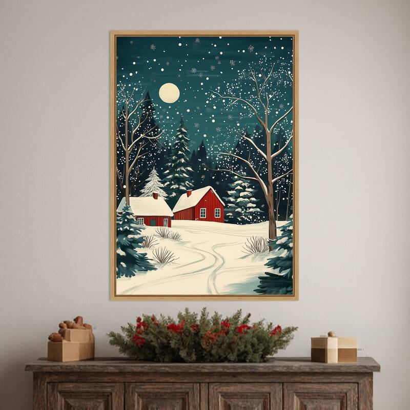 Red Houses and Snowy night sky by Pictufy Studio Framed Canvas Wall Art Print - Sylvie Natural