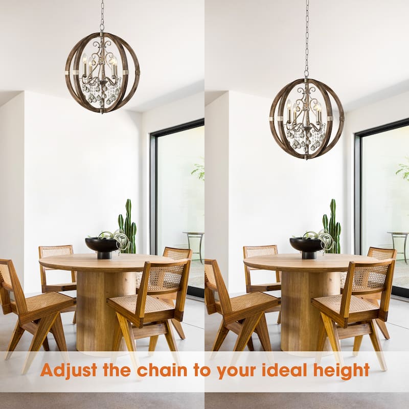 Farmhouse Brown 4-Light Weathered Wooden Frame Globe Crystal Chandelier - 21.7" W x 24.7" H