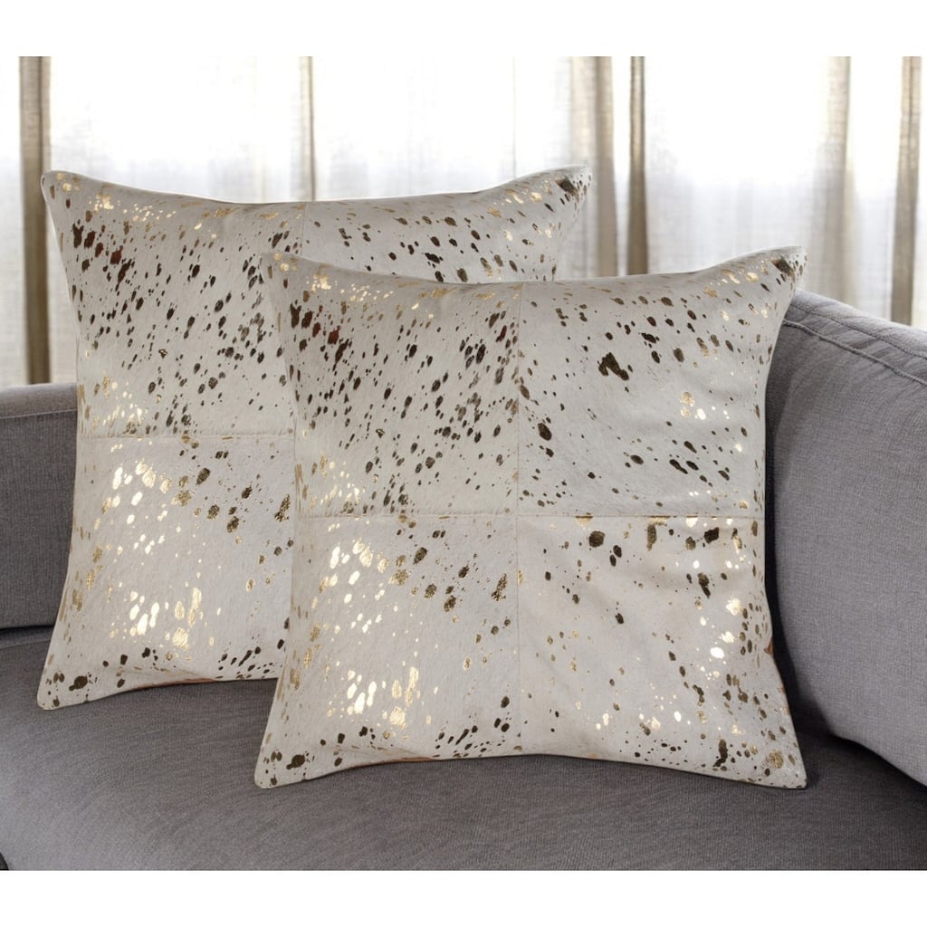 Set of Two 18" Natural and Gold Abstract Cowhide Throw Pillows with Glitter