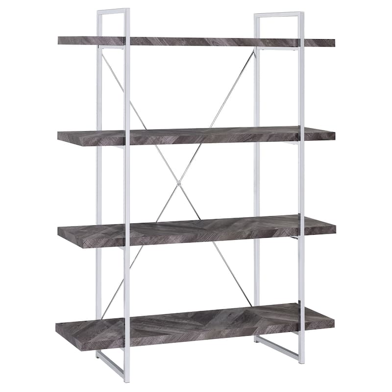 Grimma 63-inch 4-shelf Bookshelf Rustic Grey and Chrome - 47.25" x 14.00" x 62.50" - Chrome Finish - Rustic Grey