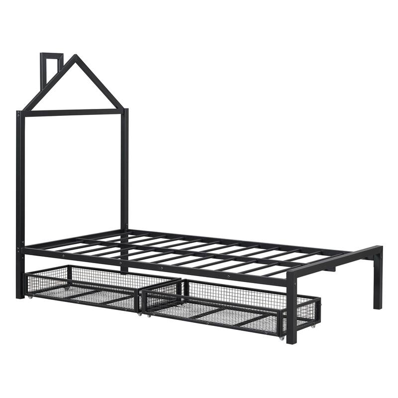 Twin Size Metal Platform Bed with two drawers, House-Shaped Headboard