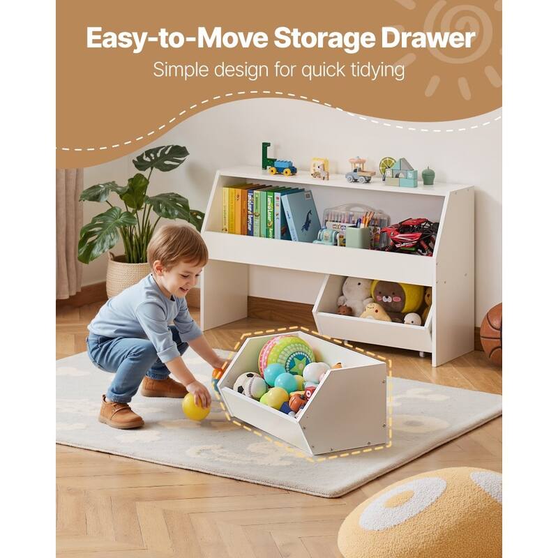 White Wooden Toy Storage Organizer with 3 Compartments and Top Shelf - 40.16 x 11.69 x 23.62 in/