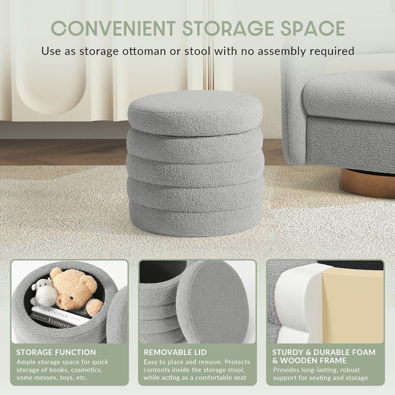 Bayville 16" Tall Sherpa Round Ottoman With Storage