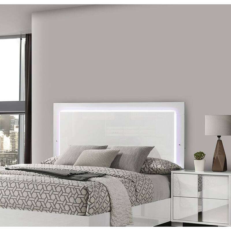 Queen Size Bed with LED Headboard, White UV Finish, Modern Bedroom Furniture