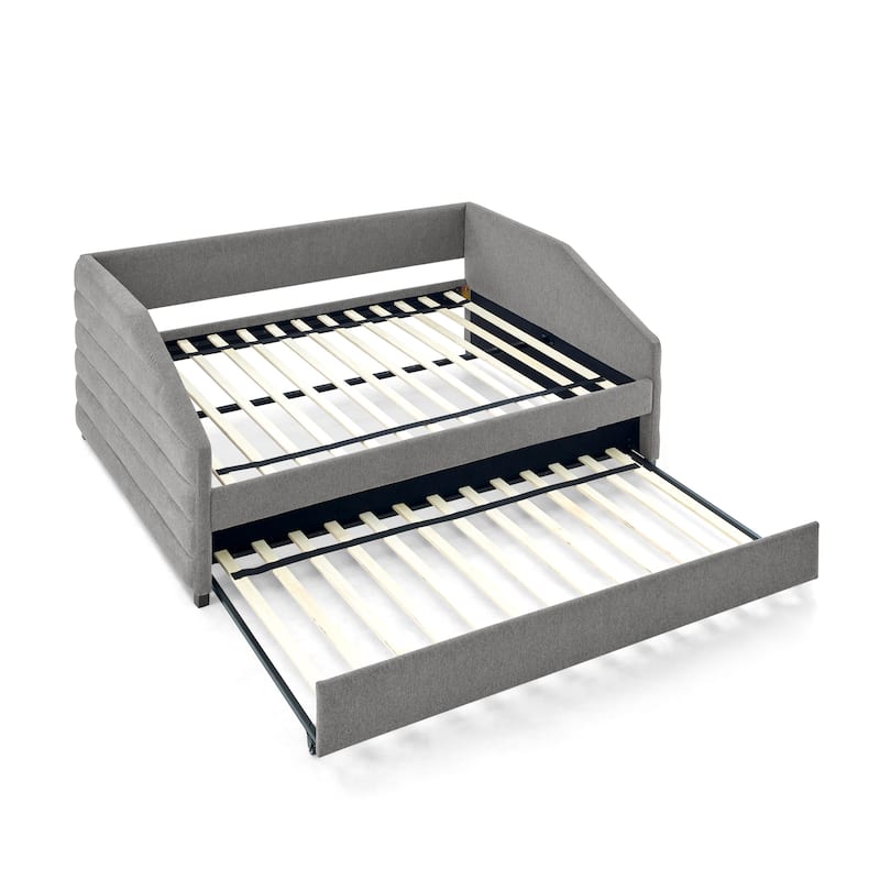 Linen Fabric Upholstered Daybed with Pull-Out Trundle or Storage Drawers, Tufted Sofa Bed Frame with Wood Slat Support