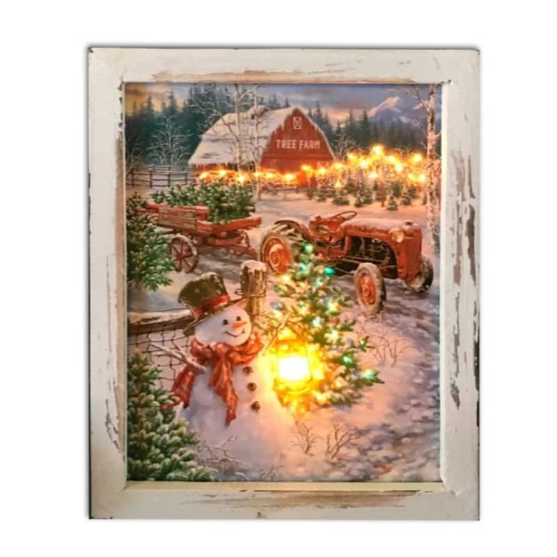 10" White Brown LED Lighted Christmas Tree Farm Shadow Box Decoration